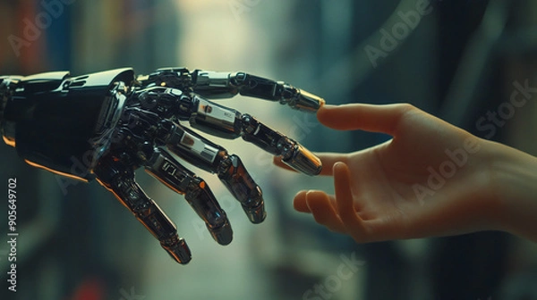 Fototapeta Human and Robot Hand Connection Futuristic Urban Technology Artificial Intelligence