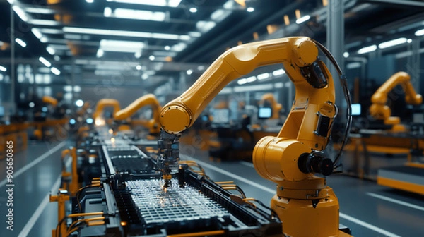 Fototapeta Robotic Arm Yellow Assembling Components in High-Tech Modern Manufacturing Facility artificial intelligence