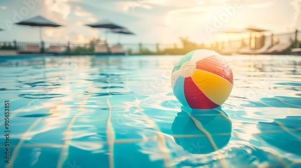 Obraz A red, yellow and white beach ball is floating in a pool