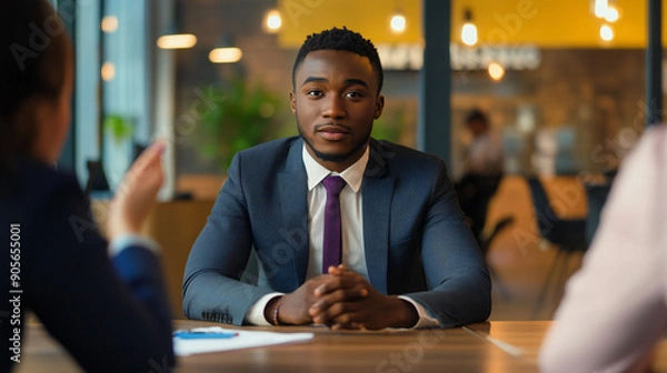 Fototapeta Black Young Professional in Suit Job Interview at Modern Office Setting During Daytime