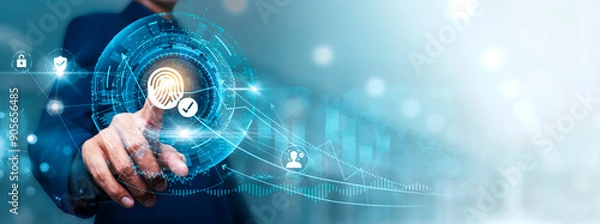 Fototapeta Biometric Security: Businessman touching connect to data information on cyberspace, fingerprint recognition, facial recognition, iris scanning, voice authentication, secure access control.