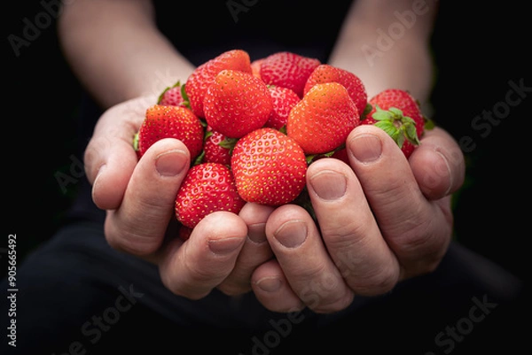 Obraz Fruits of summer: fresh red strawberries in hands