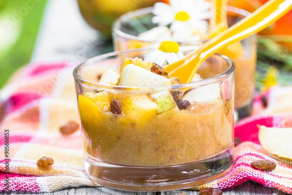 Obraz Summer drink garden smoothie pears nectarines raisins