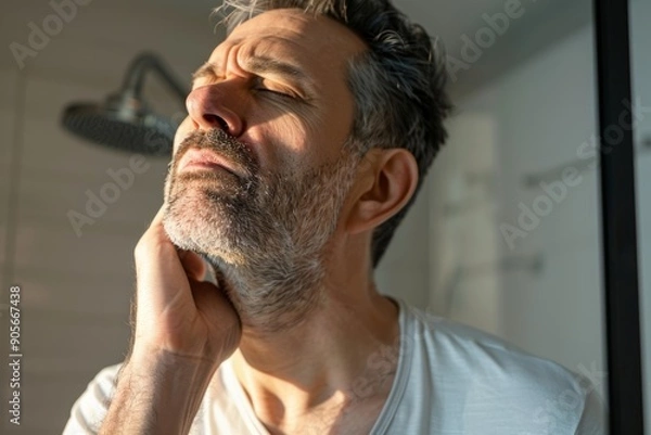 Obraz Ingrown hair problem. Unshaved middle-aged man touching neck, looking at mirror in bathroom, making morning beauty routine, Generative AI