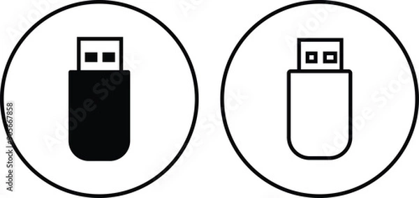 Fototapeta USB icon set. Flash disk flash drive flat and line black vector collection isolated on transparent background. Internet video. Console media storage, Computer Technology, charger, data transfer sign.