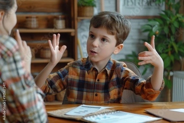 Obraz A smart boy counts on his fingers, studies with a private teacher in the office, a child learns numbers and how to count, sits at a table with a tutor, Generative AI