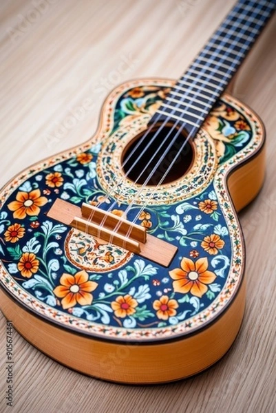 Fototapeta Beautifully crafted acoustic guitar with intricate flower design on display