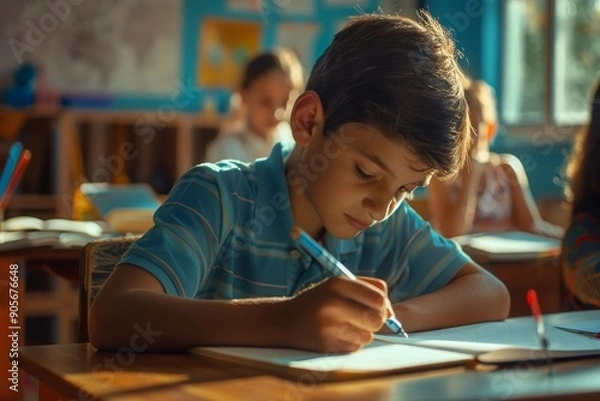 Fototapeta Latin guy writes in exercise notebook and listening teacher, taking notes or writing test. Group of children working diligently and learning, Generative AI
