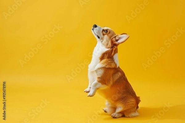 Obraz Side view of cute corgi dog standing on hind legs and listening owner's commands, looking at free space isolated on yellow studio background, Generative AI