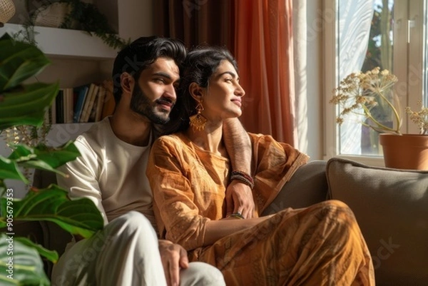 Obraz Relaxed hindu couple resting on sofa, chilling on comfy couch, cuddling and looking out window in living room, free space, full length shot, Generative AI