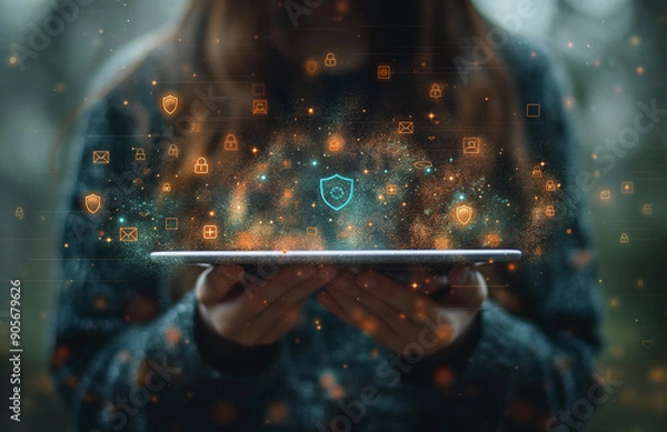 Fototapeta Hands Holding a Tablet Displaying a Network of Secure Digital Connections