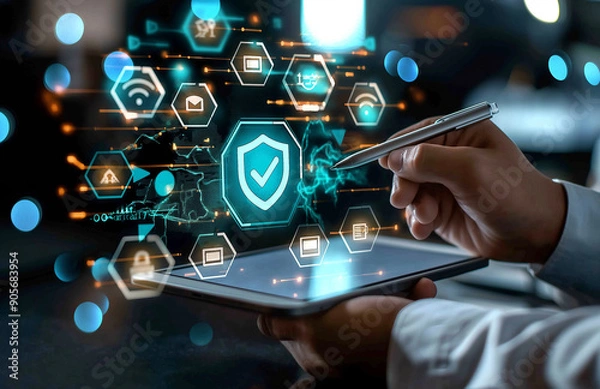 Fototapeta Hands Holding a Tablet Displaying a Network of Secure Digital Connections