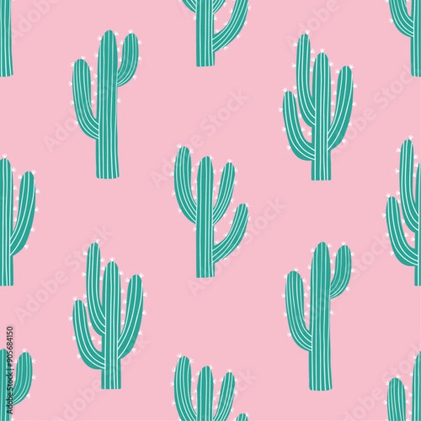 Obraz Seamless pattern with western desert cactus on pink background. Wild west fashion style. Hand drawn vector illustration