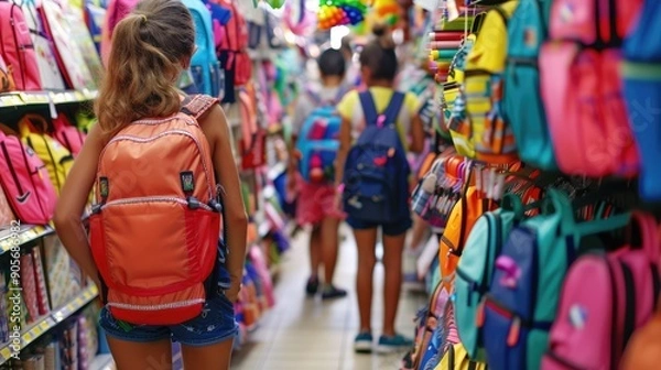 Fototapeta girl with backpack in the store in the stationery department, shopping for school, September 1, knowledge day