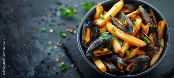 Fototapeta Moules Frites Belgium. Belgian-style mussels served with crispy fries, garnished with fresh herbs. The combination of the sea's taste with the golden crisp of fries is irresistible.

