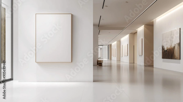 Obraz A sophisticated art gallery space with white walls and minimalist décor. The focus is on a single, blank piece of artwork displayed prominently on a gallery wall.