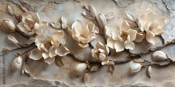 Fototapeta Exquisite White Magnolia Blossoms in a Plaster Relief, Featuring Layers of Waxy Leaves and Ivory Petals in a Delicate Arrangement