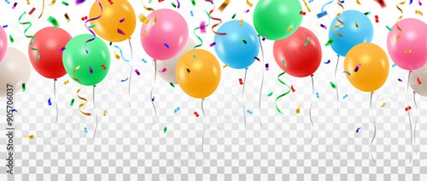 Fototapeta Vector colorful party balloons, confetti and streamers seamless pattern decorative border isolated on transparent background