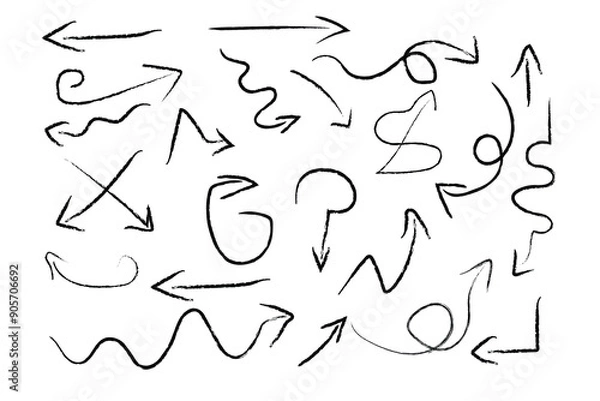 Obraz Black charcoal arrows strokes different forms. arrow Brush elements. A collection of arrows in n brush stroke style. set of chalk pencil, brush stroke arrows. vector.