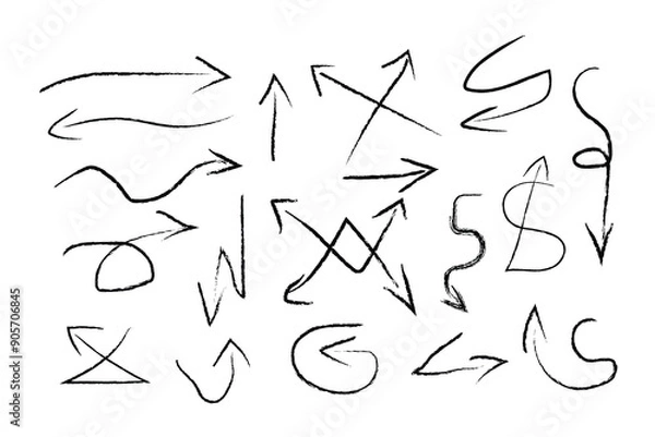 Fototapeta Sketchy arrow with pen, crayon, and chalk effects. Hand drawn style with brush and pencil strokes. Charcoal arrows icons. Flat vector illustration isolated on white background.
