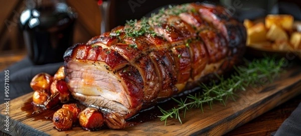 Fototapeta Suckling Pig. Young pig roasted whole to achieve crispy skin and tender meat, served on a rustic wooden board with roasted vegetables.