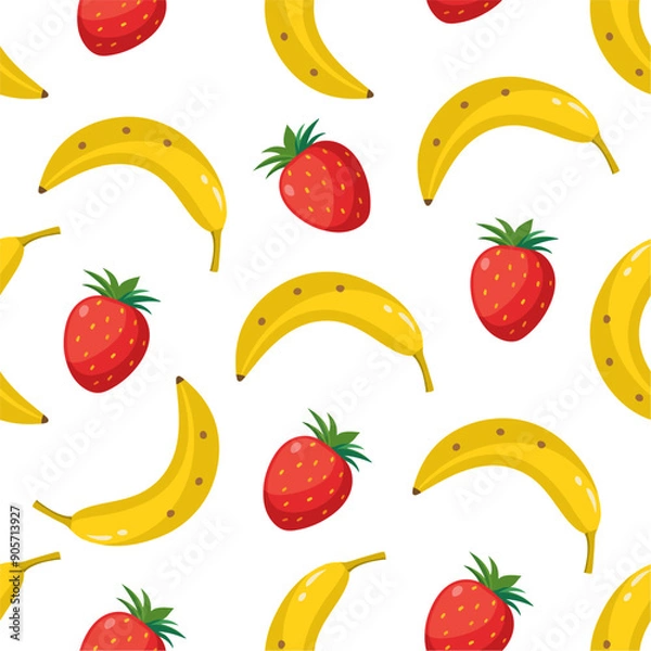 Fototapeta Seamless pattern with banana and strawberry. Summer background. Cartoon style vector illustration.