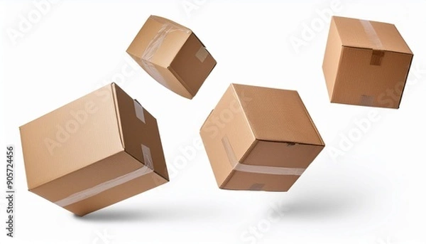 Obraz closed and taped cardboard parcel boxes falling on transparent background with shadow