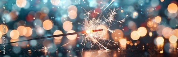 Fototapeta Sparkler Glow in a Festive Celebration at Night With Blurred Colorful Lights