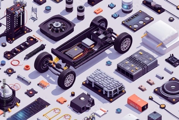 Obraz Isometric Illustration of Electric Car Components: A Modern and Detailed Visualization of the Future of Automotive Engineering.