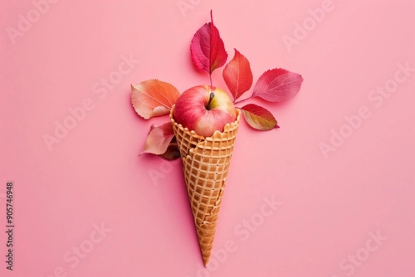 Fototapeta Ice cream cone with one red apple inside and fall leaves. Creative composition, minimal concept of healthy snack and vitamins. Minimal style. Pastel pink background with copy space