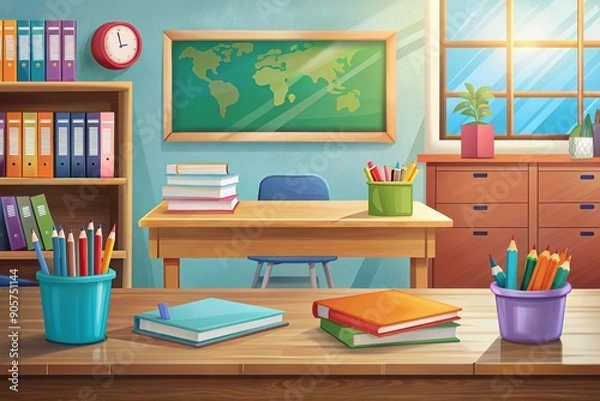 Fototapeta A classroom ready for learning: a colorful desk awaits students in a sunny room