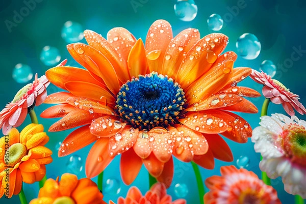 Fototapeta Close-up of vibrant orange daisies with water droplets, set against a turquoise background. Ideal for spring and summer campaigns, florists, and eco-friendly product promotions. Highlights natural bea