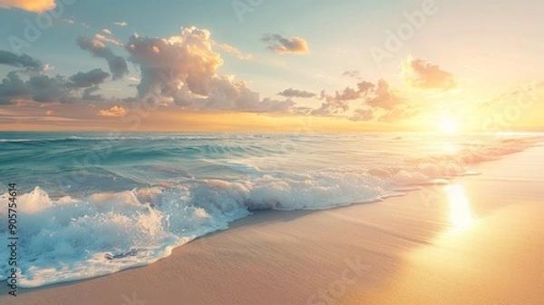 Fototapeta A high-quality image of a serene beach at sunset with ample space in the sky for text. Ideal for marketing, travel, and inspirational content. AI generated image.