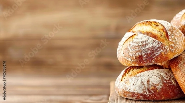 Fototapeta Rustic Artisanal Bread Loaves Displayed on Wooden Table in Bakery Setting