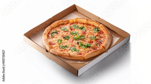 Obraz A box of pizza on a white background, ai generated
