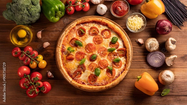 Obraz Pizza on a wooden table with vegetables around it, ai generated