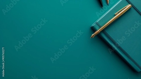 Fototapeta A high-quality stock image of a fancy pen and notebook positioned on the right side, with ample space on the left for text. Ideal for professional, writing, and office-related content.