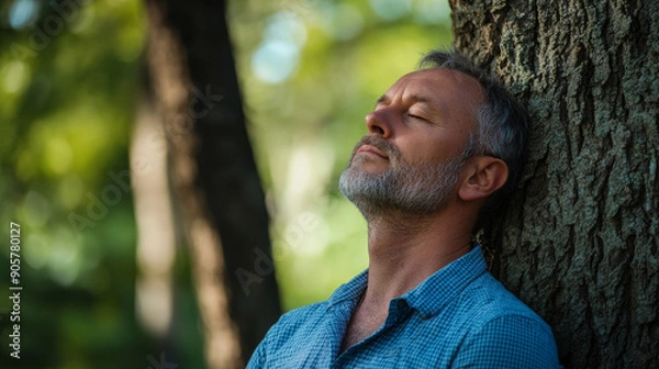 Obraz  A man leaning against a tree with eyes closed, enjoying the peaceful forest atmosphere, symbolizing forest bathing and relaxation.