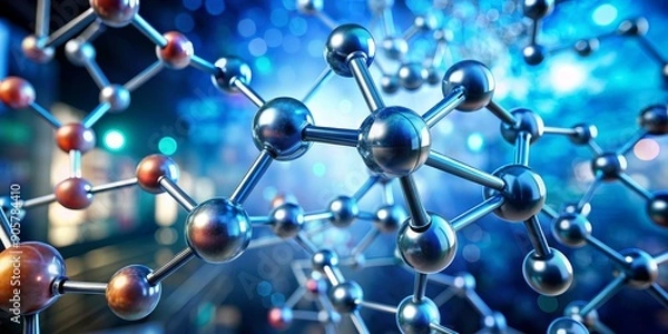 Fototapeta Metallic Molecular Structure, 3D Render, Science, Atoms, Bonds , Chemistry , Nanotechnology