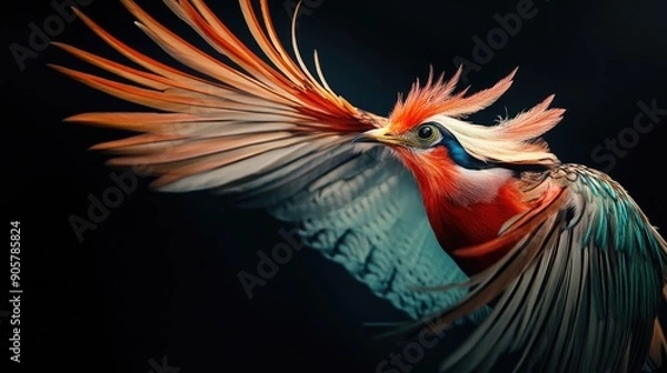 Fototapeta Beautiful bird with long feathers and dynamic hues on dramatic black background