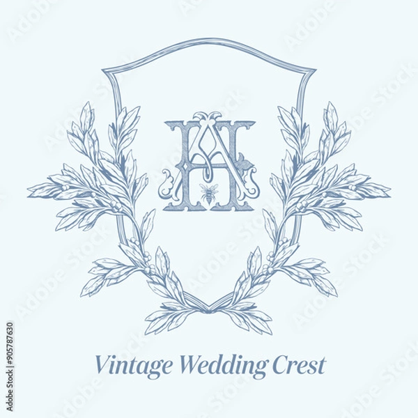 Fototapeta Wedding crest with AH initial vintage monogram. Antique text logo with bee vector illustration.