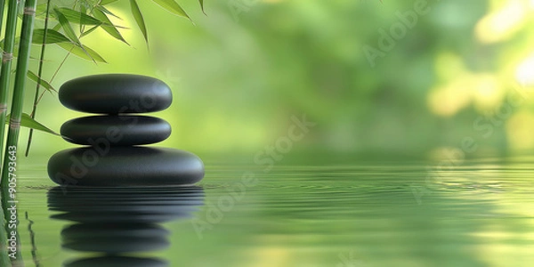 Fototapeta Stack of black zen stones balancing on water with bamboo shoots