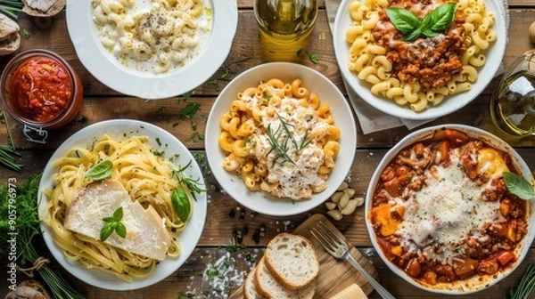 Fototapeta Top view of a rustic pasta menu, including classic dishes like spaghetti Bolognese, mac and cheese, and Alfredo pasta, presented with fresh bread, olive oil, and herbs on a wooden table.