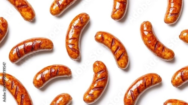 Fototapeta Pattern of crispy fried red sausages, appetizing and golden-brown on white