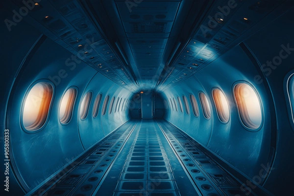 Fototapeta Mystical, empty airplane cabin interior illuminated by soft, ambient light, concept of solitude and travel