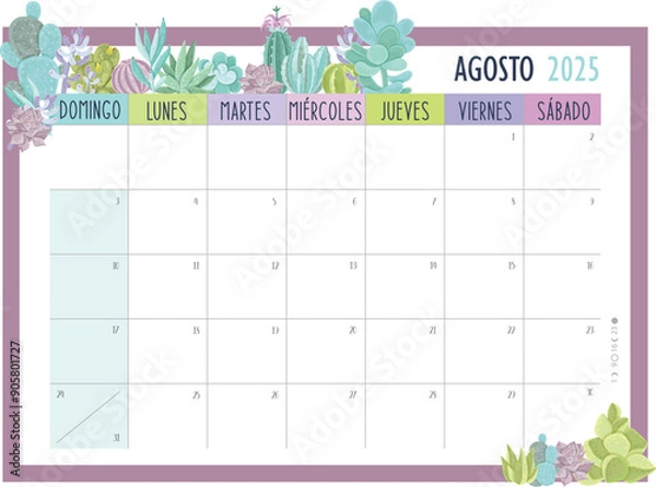 Obraz Calendario Planificador 2025 en Español - Tamaño A4 - Mes de Agosto
