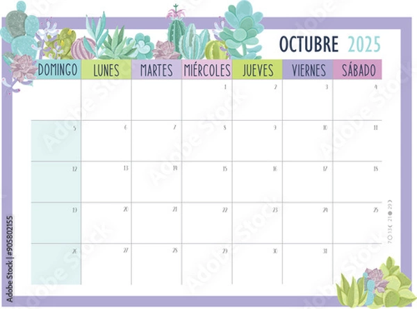 Obraz Calendario Planificador 2025 en Español - Tamaño A4 - Mes de Octubre