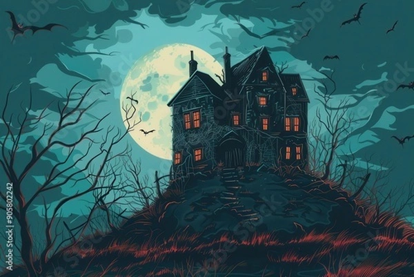 Fototapeta An old, spooky house on top of a hill with a full moon