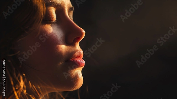 Obraz In this close-up shot, a woman's face with her eyes closed is lit from the side while the background remains dark.