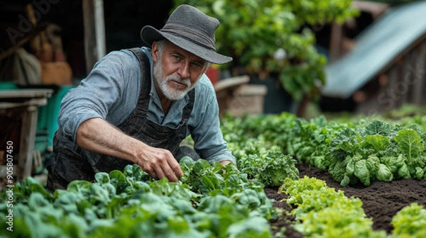 Fototapeta A senior gardener with a gray beard carefully tends to green vegetables in a neatly maintained garden, signifying dedication, expertise, and the joy of gardening.
